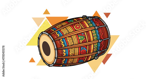 Illustration of a dholak, a two-headed hand drum, with colorful geometric patterns.
