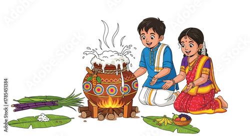 Illustration of children celebrating Pongal, a traditional harvest festival.