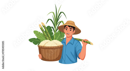 An Asian farmer in a conical hat holds a basket of sugar and a sugarcane stalk, representing agriculture and sugar production.