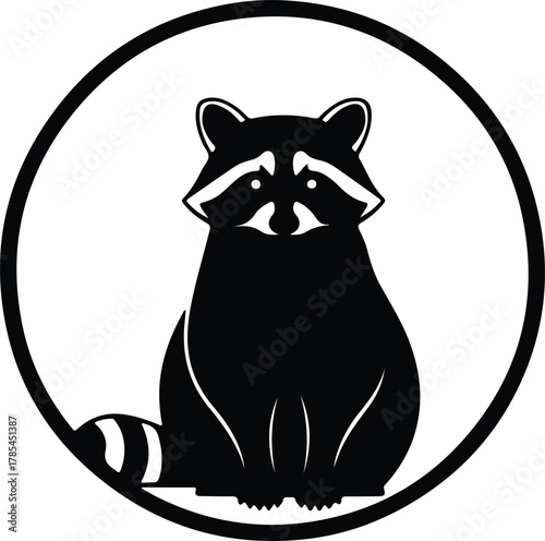 Vector Raccoon sitting cute looking forward inside circle frame silhouette illustration