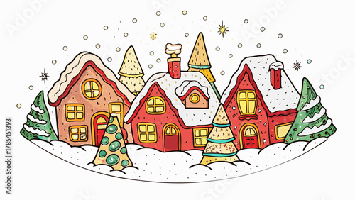 Charming hand drawn illustration of a cozy winter village scene with snow covered houses and festive christmas trees under a starry sky