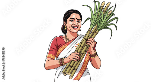 A smiling Indian woman in a saree holding a large bundle of fresh sugarcane stalks, depicted in a vibrant illustration.