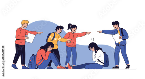 A group of students bullying two classmates, pointing fingers and causing emotional distress, highlighting social issues.