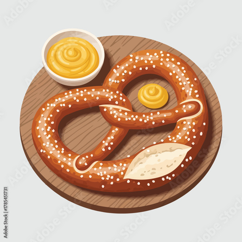 Delicious pretzel with mustard on a wooden plate perfect snack.