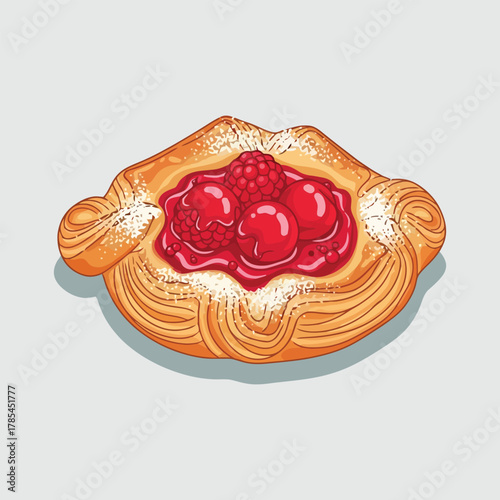 Delicious Raspberry Danish Pastry with Powdered Sugar.