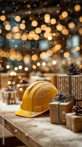 Warm bokeh lights and a joyous atmosphere create a festive new year construction scenario with a yellow hard helmet next to holiday decorations and wrapped present boxes on a snowy office table.