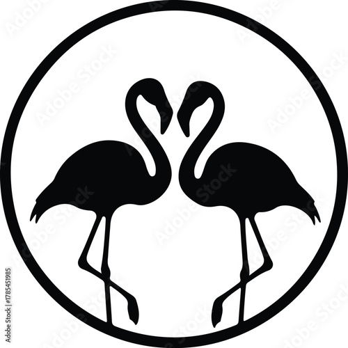 Vector two flamingo birds in circle frame silhouette illustration