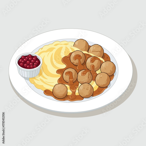 Delicious Swedish Meatballs with Mashed Potatoes and Lingonberry Sauce.