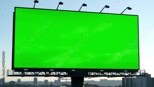 Green Screen timelapse wide blank billboard or large advertising display chroma key time lapse template mock up and copy space concept scene 2 with distortion, overlay, glitch, static noise, scan