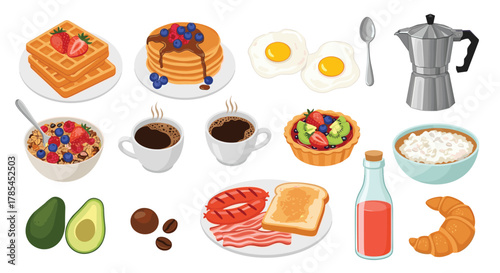 A diverse collection of classic breakfast and brunch foods, featuring waffles, pancakes, eggs, coffee, fruit, and pastries.