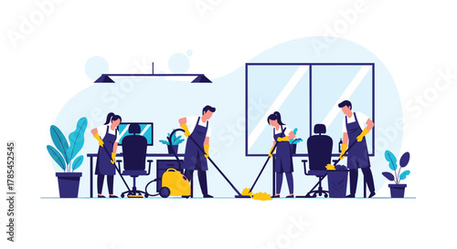 Professional cleaning team performing office maintenance tasks, including vacuuming, mopping, and dusting, to ensure a tidy workspace.