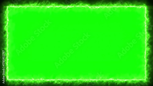 Green Screen seamless looping lightning neon energy frame background or border on scene 2 with distortion, overlay, glitch, static noise, scan lines black background, 4k animated video loop