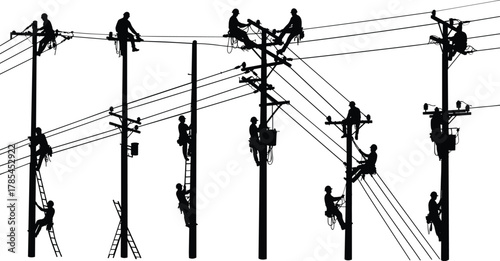Silhouettes of linemen working on utility poles and power lines lineman electrician