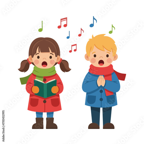 A charming vector illustration of two kids, a boy and a girl, joyfully singing Christmas carols during the winter season