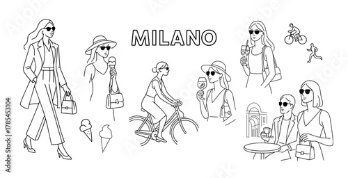 Minimal line art depicting Milan's fashionable, sophisticated, and stylish people - Vector set