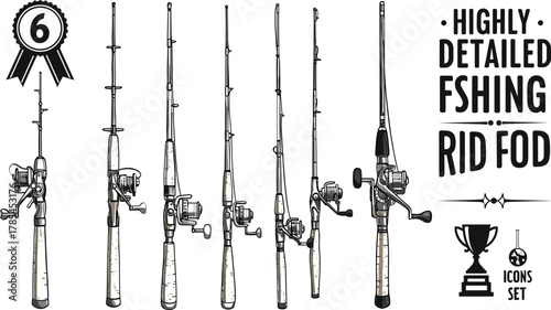 Six fishing rods with reels and trophy icons set fishing reel fishing equipment