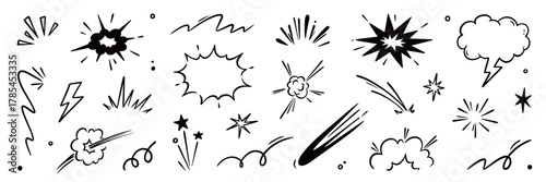 Comic line speed effect cartoon explosive vector set. Hand drawn sketch doodle comic line speed motion, explosive cartoon burst, boom energy, impact power action element. Vector illustration