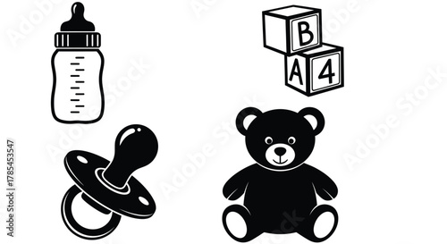 Baby items vector graphic illustration bottle pacifier blocks and bear