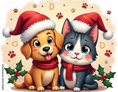 Friendly cartoon dog and cat with santa hats and red scarves.