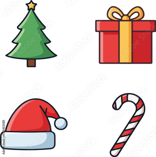 A delightful Christmas-themed collection featuring a decorated evergreen tree, a festive gift box, Santa's iconic red hat, and a sweet candy cane, perfect for holiday cheer