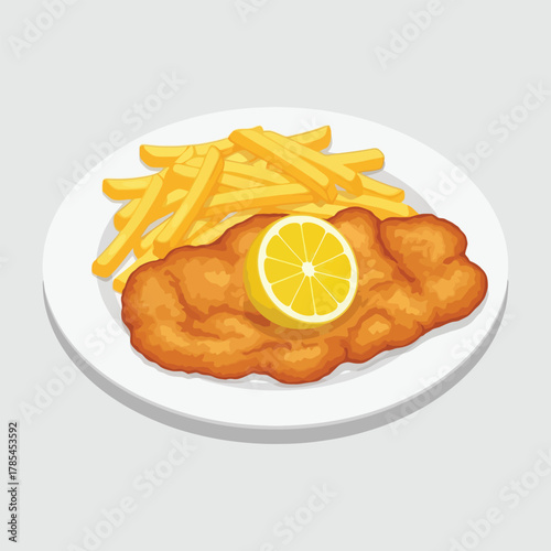 Delicious Wiener Schnitzel with Golden French Fries and Fresh Lemon Slice.