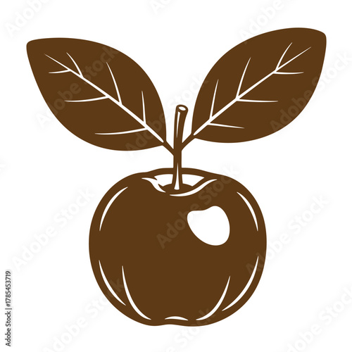 Simple brown apple illustration with two leaves in vintage art style for design projects