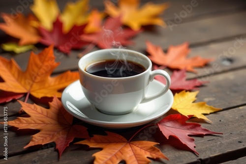 Warm autumn beverage on rustic wood, surrounded by colorful fallen leaves.