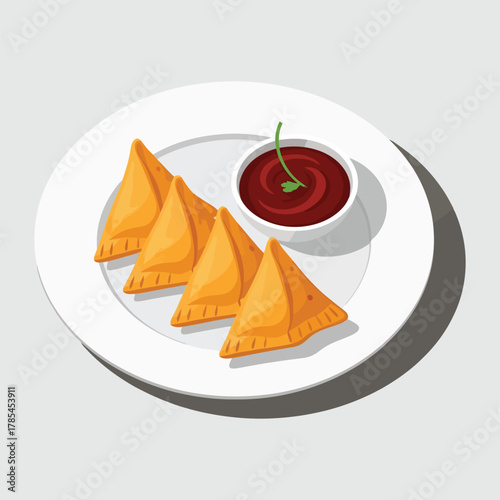 Four golden fried Indian samosas on a white plate with dipping sauce.