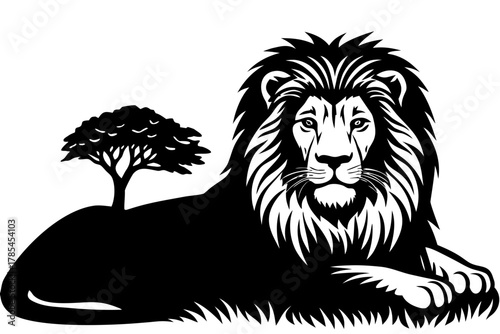 Majestic lion and acacia tree silhouette isolated on white background