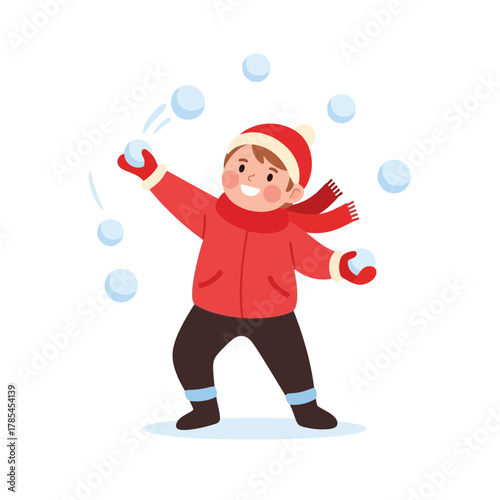 A Kid Enjoying Winter Throwing Snowballs in a Snowy Scene Illustration