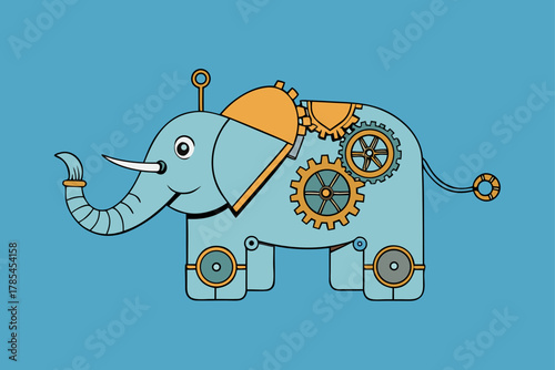 Steampunk mechanical elephant with gears and clockwork elements isolated on white background silhouette