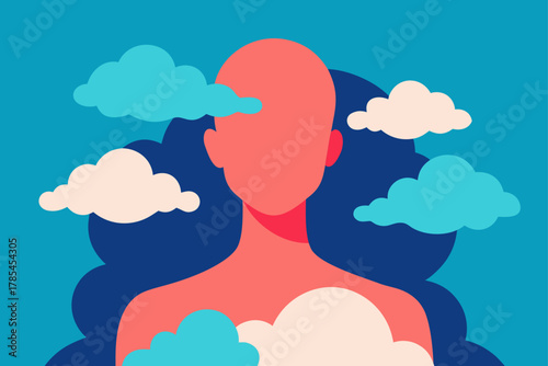 Abstract human silhouette surrounded by clouds isolated on white background