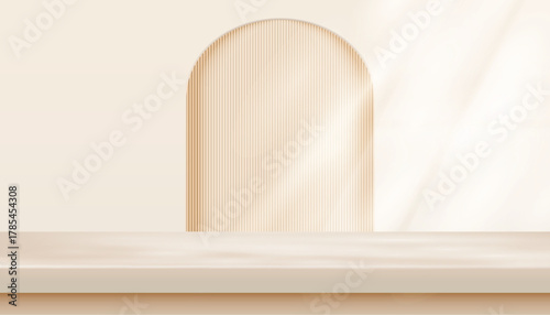 Abstract beige wall background and decoration for product display scene with beautiful lights and shadows. Display pedestal mockup minimal empty stage for present product, stand, showcase, exhibition
