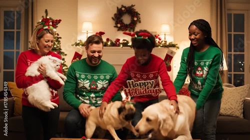 A diverse family and their dogs are gathered, celebrating the holidays in matching sweaters