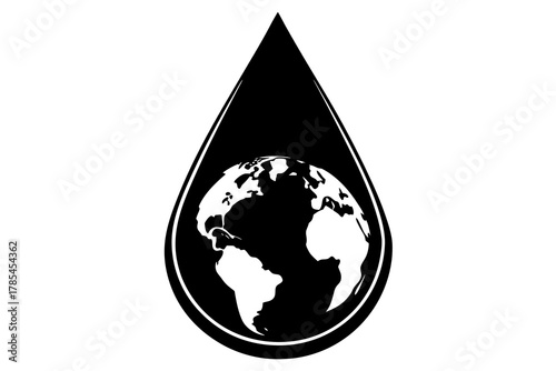 Black teardrop silhouette containing a white globe isolated on white background