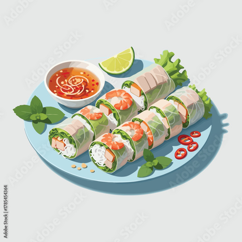 Fresh Vietnamese spring rolls with shrimp and dipping sauce on a plate.