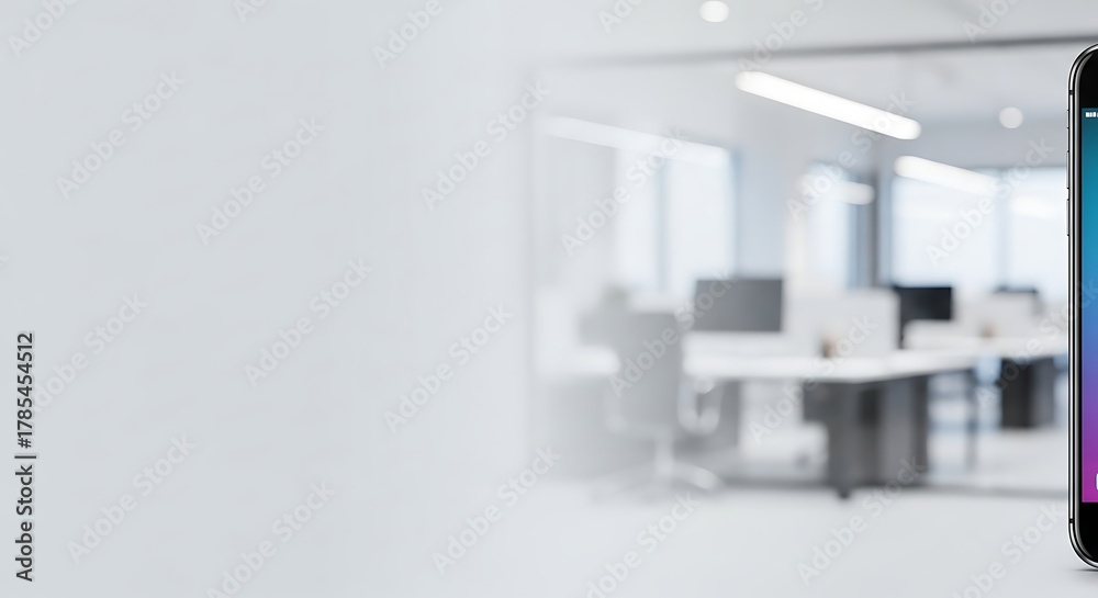 Fototapeta premium Smartphone displayed in front of a blurred office space with desks and chairs visible in the background