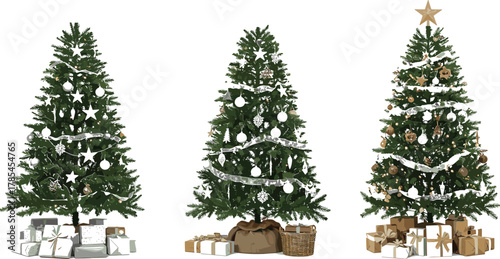 Three decorated Christmas trees with presents on white background gifts ornaments