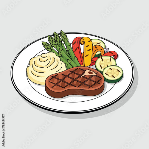 Grilled Steak Dinner with Vegetables and Mashed Potatoes on a Plate.