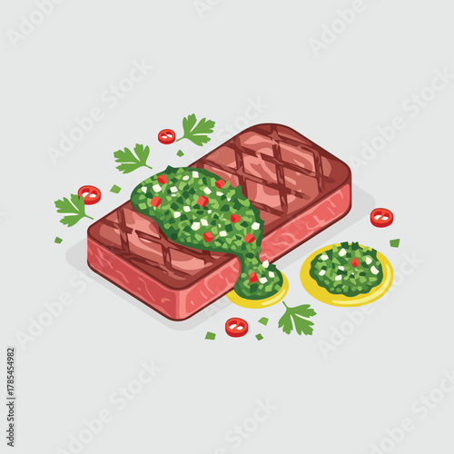 Grilled beef steak with green chimichurri sauce vector illustration.