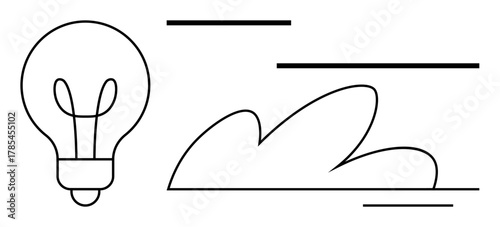 Light bulb and cloud in simple line art style convey imagination, brainstorming, and innovation. Ideal for business, technology, creativity, environment, education solutions and inspiration. Simple