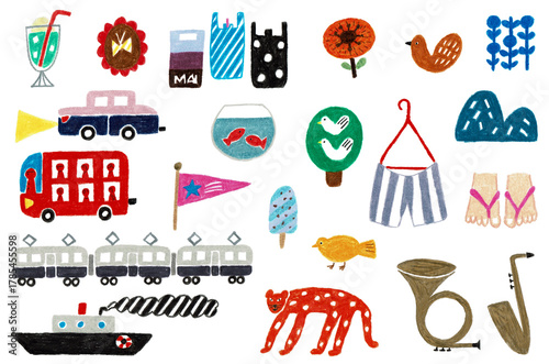 手描きイラスト　カラフルで可愛い雑貨や動物や植物のイラスト