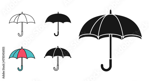 A collection of umbrella icons in various styles and colors displayed