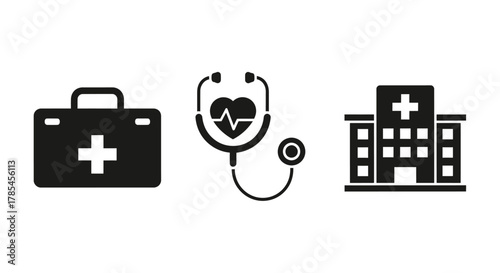 Medical icons depicting a first aid kit stethoscope and hospital building