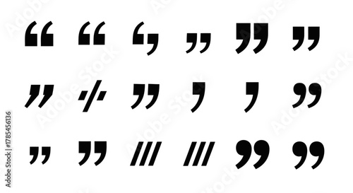 A collection of various black quotation marks and symbols on a white background
