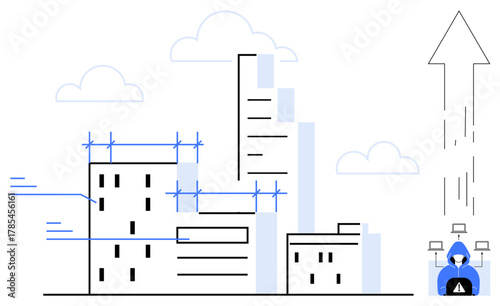 Urban buildings under digital structure enhancement, connected with a hooded hacker in digital context and growth arrow. Ideal for technology, urban planning, cybersecurity, cloud network