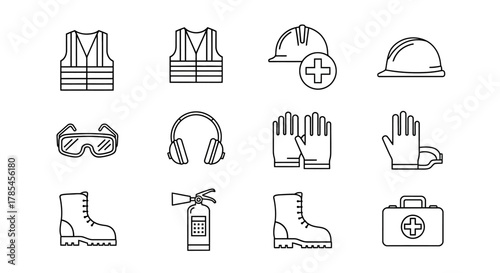 Collection of safety equipment icons including vests helmets and protective gear