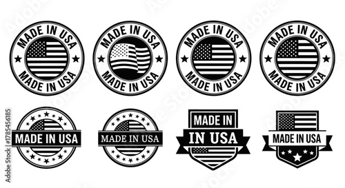 Collection of circular and rectangular made in usa patriotic badges