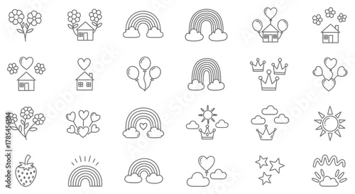 Charming black and white line drawings of whimsical icons and nature elements