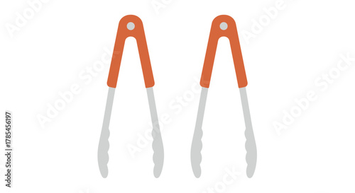 Two orange and white kitchen tongs isolated on a plain white background